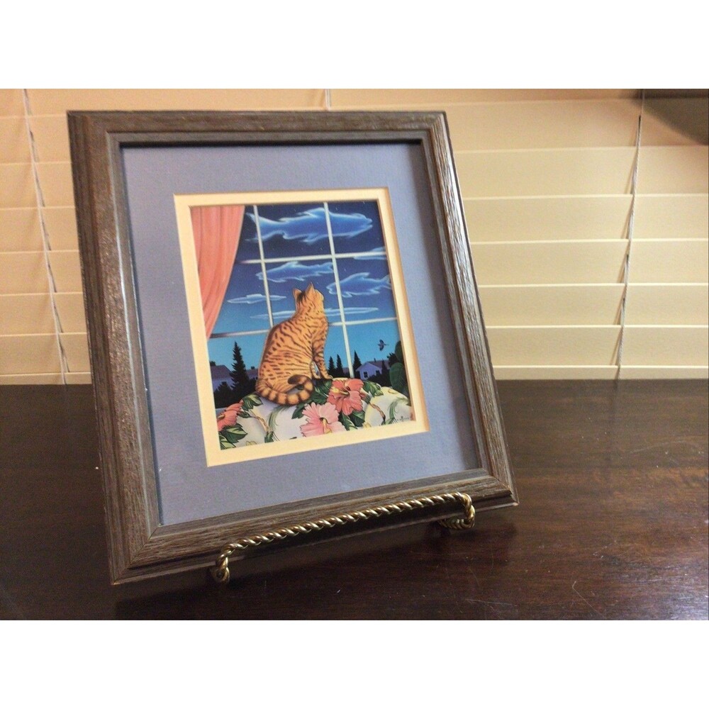 Monte DoLack Signed Cat On Chair Framed And Matted Picture 9.5 X 10.5